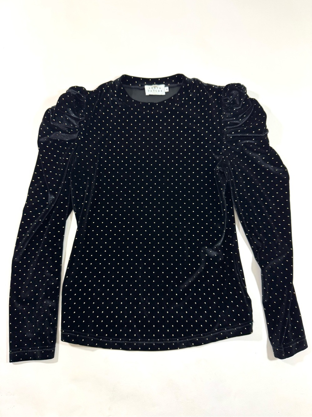Tanya Taylor Velvet Puff Sleeve Top Long Sleeve Gold Dots
